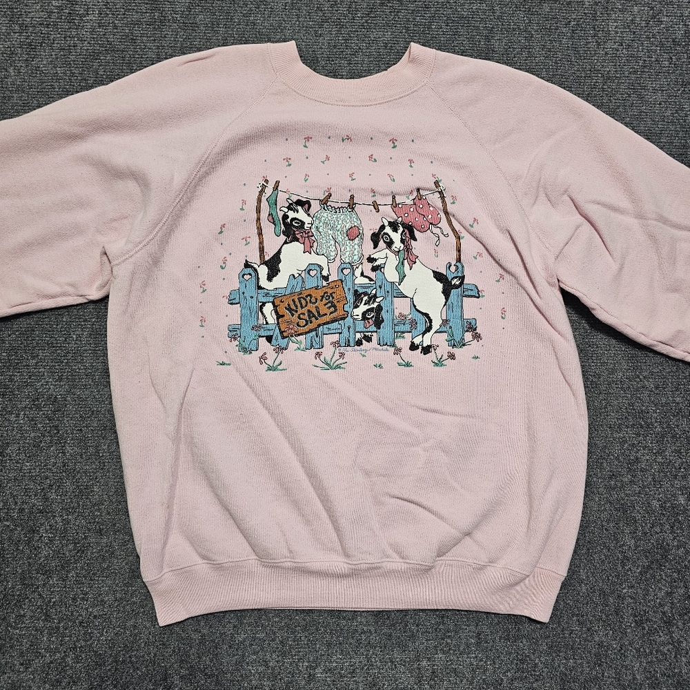 Vintage 90s Hanes Kids For Sale Goat Funny Pink Crewneck Sweater XL USA Made - Picture 12 of 16